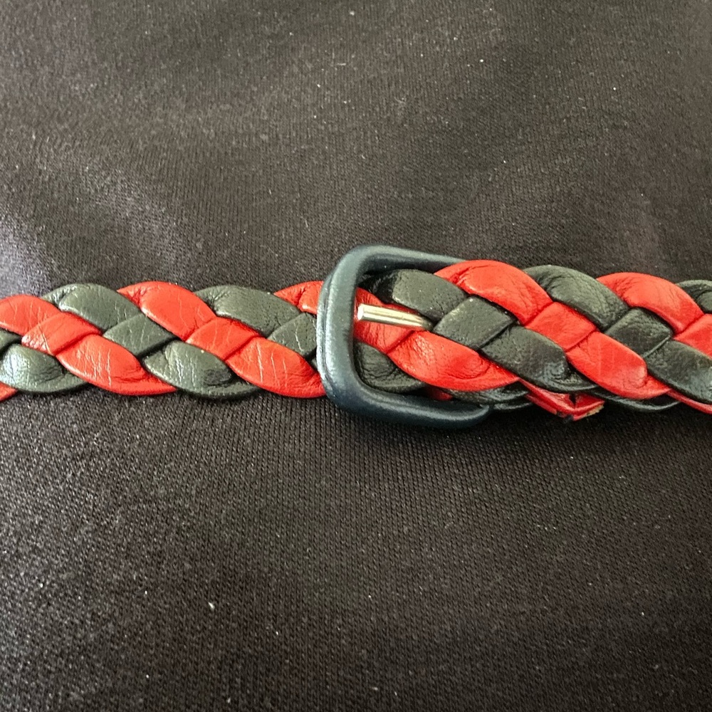Red/blue braided leather belt w loop, 3/4” wide, 38” long.